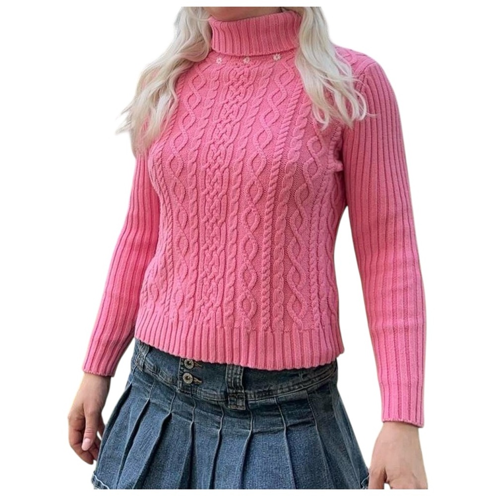 Pink Cable Knit Turtleneck Sweater